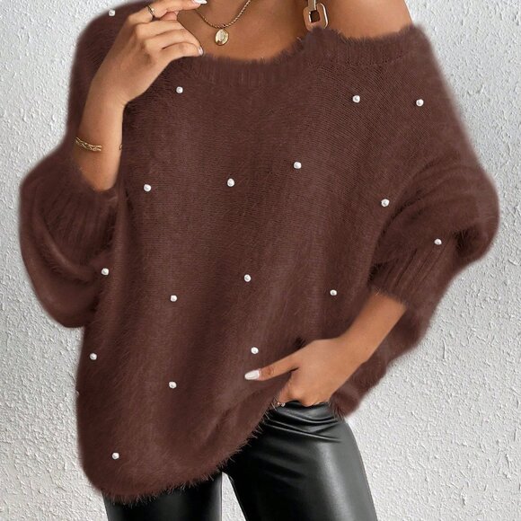 Coffee Brown Casual Women's Fuzzy Oblique Shoulder Beaded Sweater - Picture 5 of 6
